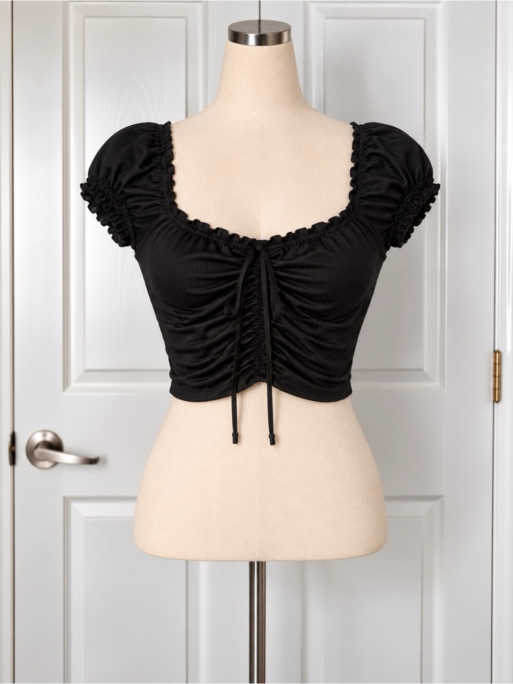 No Boundaries Black Ruched Crop Top XL Puff Sleeve Y2K Milkmaid Corset